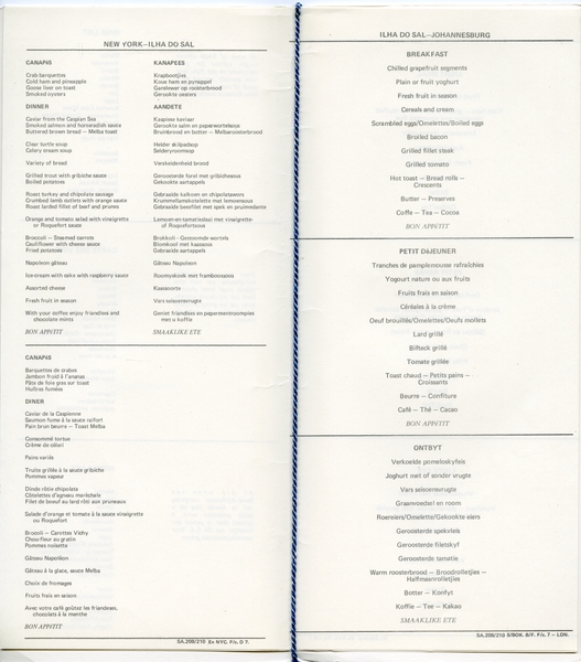 Image: menu: South African Airways, Blue Diamond (First) Class