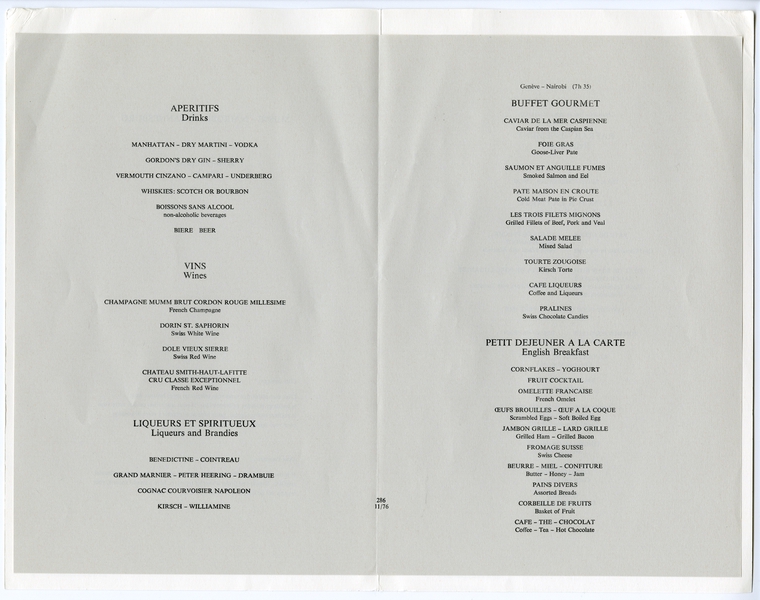 Image: menu: Swissair, First Class