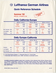Image: timetable: Lufthansa German Airlines, quick reference, California - Europe
