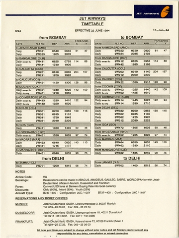 Timetable: Jet Airways
