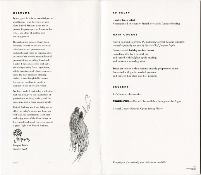 Image: menu: United Airlines, Business Class