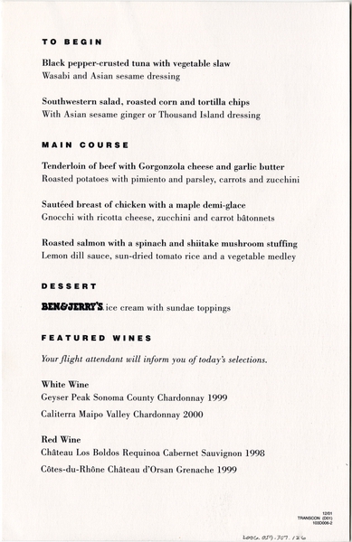Image: menu: United Airlines, First Class