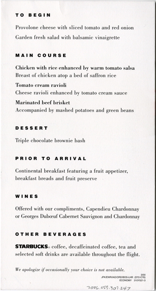 Image: menu: United Airlines, Economy Class