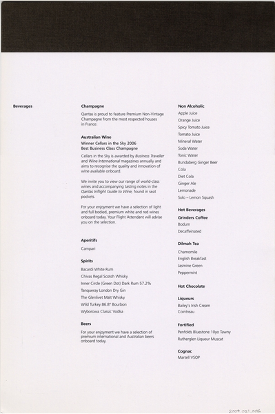 Image: menu: Qantas Airways, Business Class