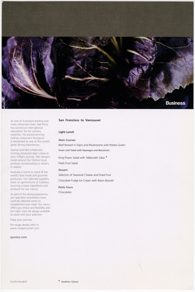 Image: menu: Qantas Airways, Business Class