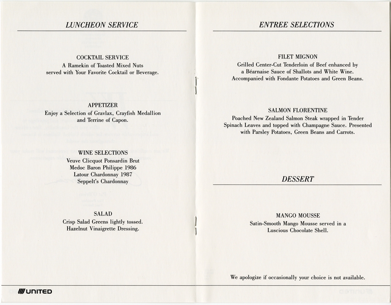 Image: menu: United Airlines, Business Class