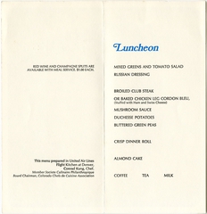 Image: menu: United Air Lines, Blue Carpet (Economy) Class