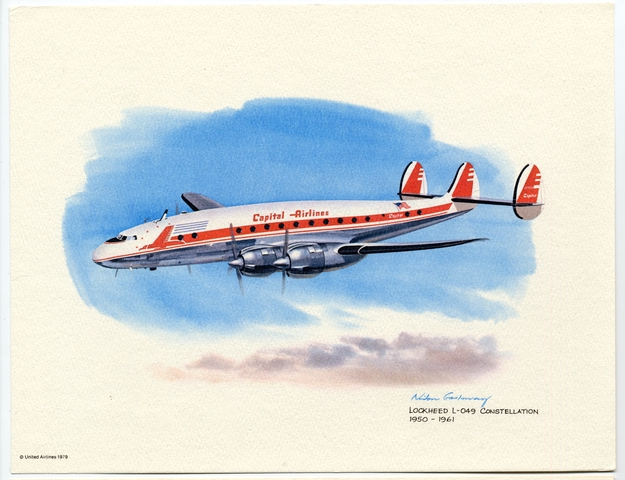 Aircraft promotional print: United Airlines, Capital Airlines, Lockheed L-049 Constellation