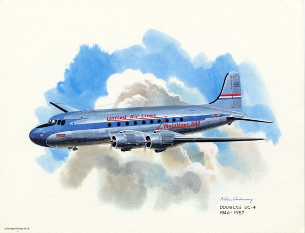 Promotional aircraft print: United Airlines, Douglas DC-4, 1946-1957