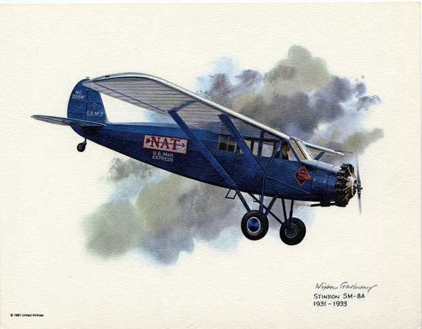 Promotional aircraft print: United Airlines, Stinson SM-8A Junior, 1931-1933