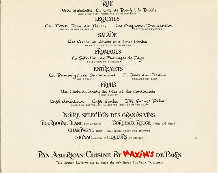 Image: menu: Pan American World Airways, President (First) Class