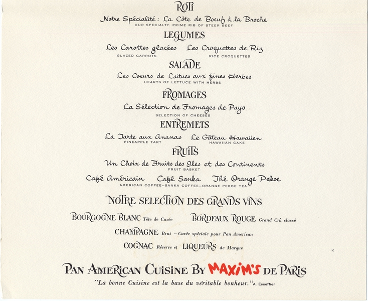 Image: menu: Pan American World Airways, President (First) Class
