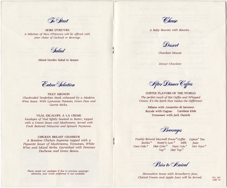 Image: menu: TWA (Trans World Airlines), Ambassador (Business) Class