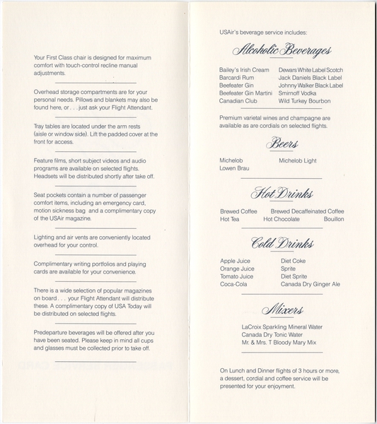 Image: menu: USAir, First Class