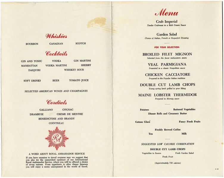 Image: menu: TWA (Trans World Airlines), Royal Ambassador (First) Class