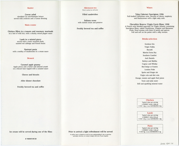 Image: menu: Virgin Atlantic