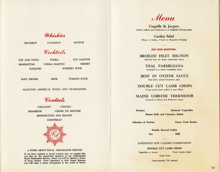 Image: menu: TWA (Trans World Airlines), Royal Ambassador (First) Class