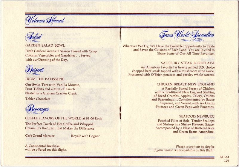 Image: menu: TWA (Trans World Airlines)