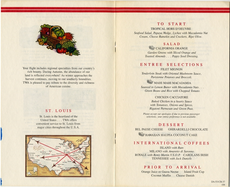 Image: menu: TWA (Trans World Airlines), Ambassador (Business) Class