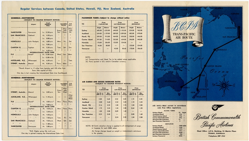 Image: timetable: British Commonwealth Pacific Airlines (BCPA), Trans-Pacific routes