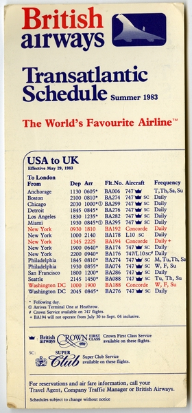 Image: timetable: British Airways, quick reference, transatlantic service