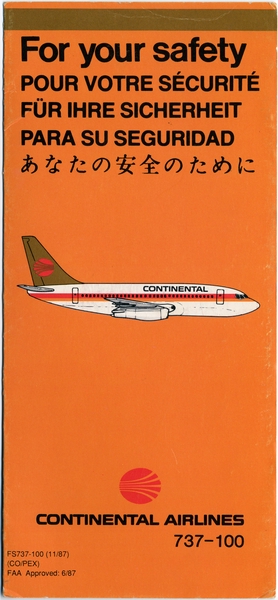 Image: safety information card: Continental Airlines, Boeing 737-100