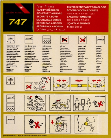 Safety information card: Air India, Boeing 747