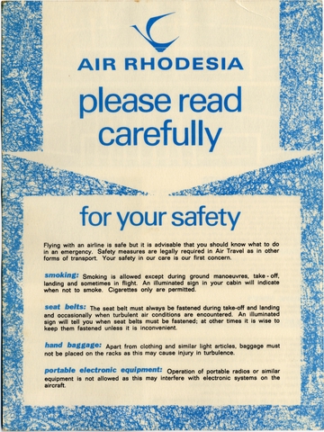 Safety information card: Air Rhodesia, Viscount Vickers