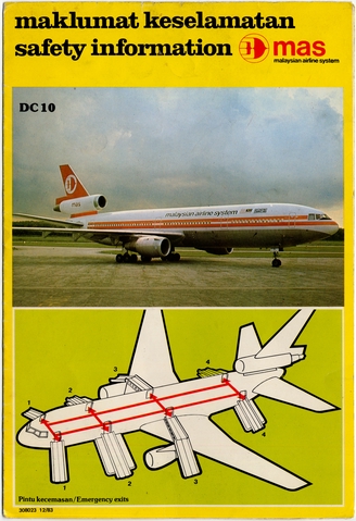 Safety information card: Malaysian Airline System (MAS), McDonnell Douglas DC-10