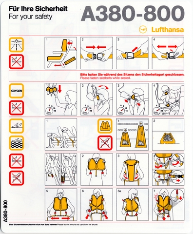 Objects | safety information card: Lufthansa, Airbus A380-800 | SFO Museum