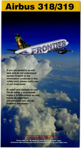 Safety information card: Frontier Airlines, Airbus A318 and A319