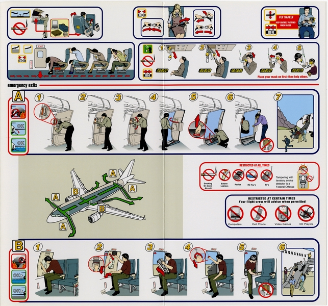 Image: safety information card: Frontier Airlines, Airbus A318 and A319