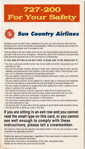 Safety information card: Sun Country Airlines, Boeing 727-200