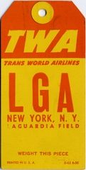 Image: baggage destination tag: TWA (Trans World Airlines)