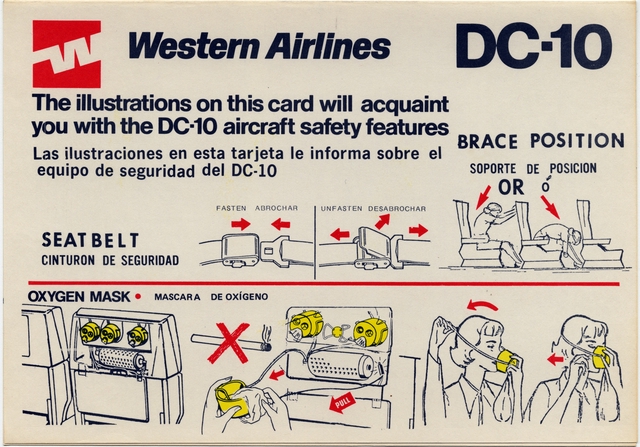 Safety information card: Western Airlines, McDonnell Douglas DC-10