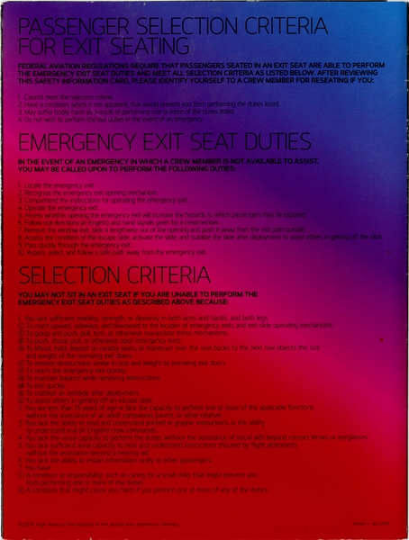 Image: safety information card: Virgin America, Airbus A319