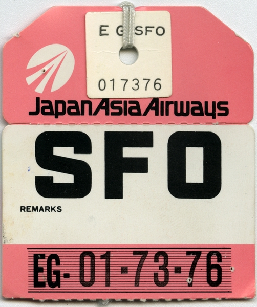 Image: baggage destination tag: Japan Asia Airways, San Francisco International Airport (SFO)
