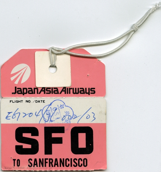 Image: baggage destination tag: Japan Asia Airways, San Francisco International Airport (SFO)