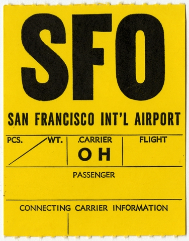 Baggage destination tag: SFO Helicopter Airlines, San Francisco International Airport (SFO)