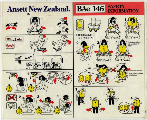 Safety information card: Ansett New Zealand, British Aerospace BAe-146