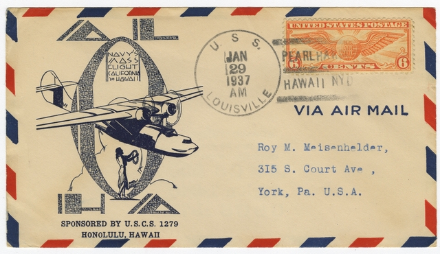 Airmail flight cover: First U.S. Navy San Diego - Pearl Harbor mass flight, January 28-29, 1937