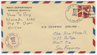 Image: airmail flight cover: U.S. Navy, USS Ranger - Alameda Naval Air Station Ship-to-Shore Flight, May 22, 1962