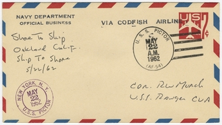 Image: airmail flight cover: U.S. Navy, USS Pictor - Oakland Ship-to-Shore Flight, May 22, 1962