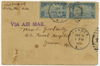 Image: airmail flight cover: Pan American Airways, Westbound from Camden, New Jersey to Guam, January 5, 1936