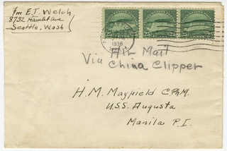 Image: airmail flight cover: Pan American Airways, Westbound from Seattle to Manila, February 28-March 7, 1936