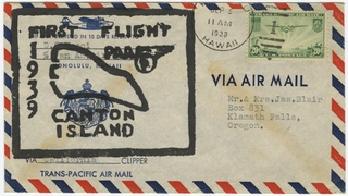 Image: airmail flight cover: Pan American Airways, Canton Island, first survey flight to New Zealand