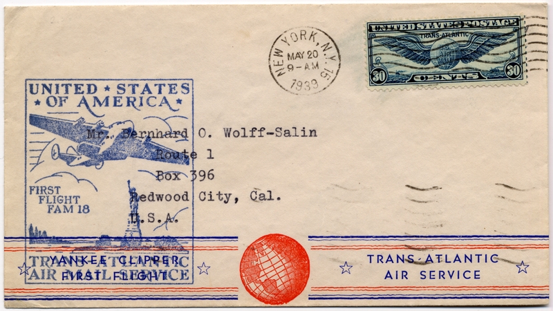 Image: airmail flight cover: Pan American Airways, FAM-18, first airmail flight, New York - Marseilles route