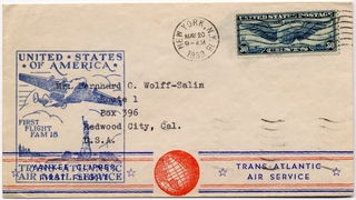 Image: airmail flight cover: Pan American Airways, FAM-18, first airmail flight, New York - Marseilles route
