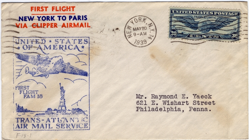Image: airmail flight cover: Pan American Airways, FAM-18, first airmail flight, New York - Marseilles route