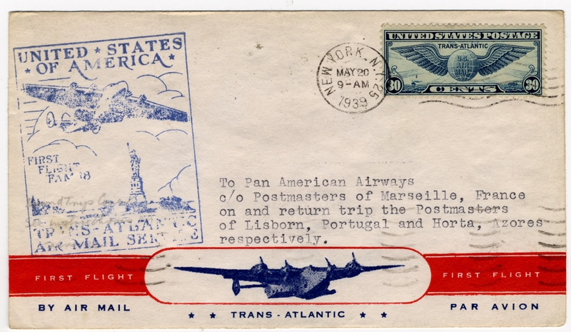 Image: airmail flight cover: Pan American Airways, FAM-18, first airmail flight, New York - Marseilles route